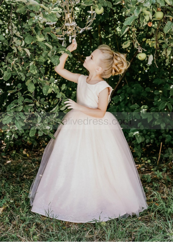 Peach Pink Sequin Tulle V Back Flower Girl Dress